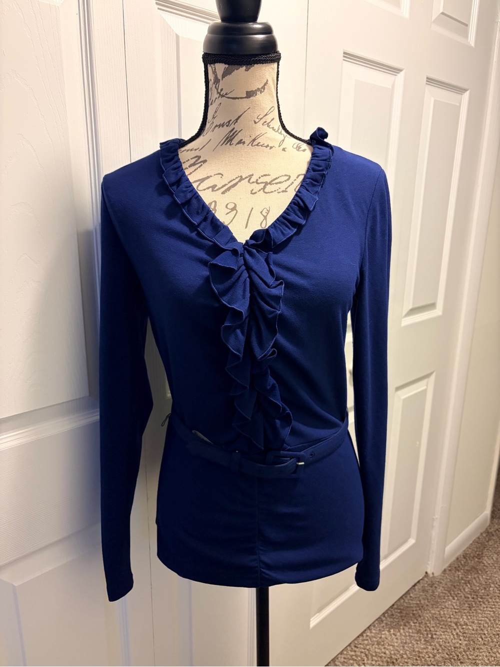 Ruffled V-Neck Long Sleeve Belted Top - Royal Blue